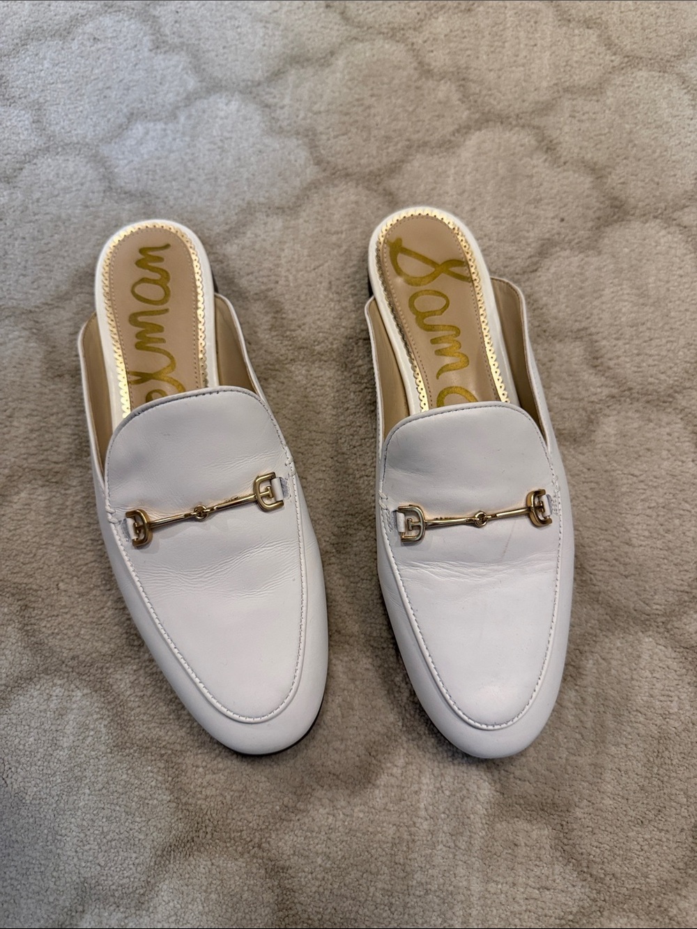Sam Edelman White Leather Slip-On Loafer Mules with Gold Bit